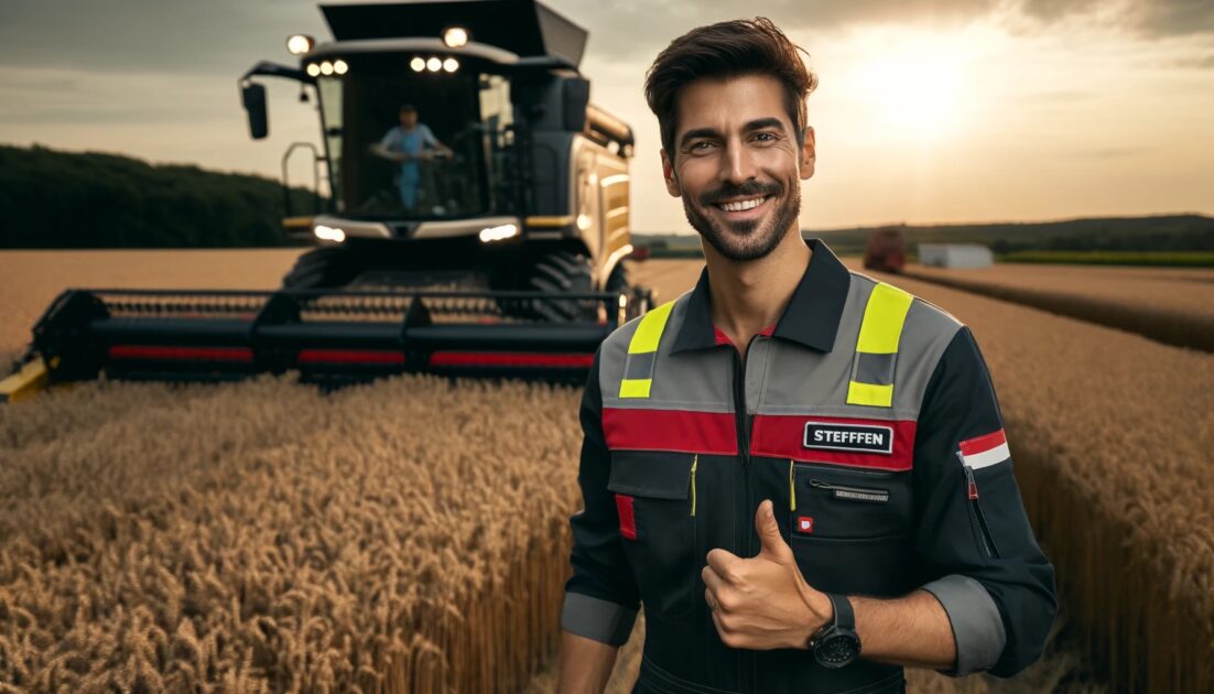 GRANIT PARTS beispielhafter Kunde Steffen. Ein Landwirt steht auf einem Feld und zeigt zufrieden den Daumen hoch, um die Qualität des Produkts zu bestätigen.