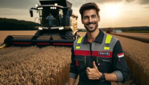 GRANIT PARTS beispielhafter Kunde Steffen. Ein Landwirt steht auf einem Feld und zeigt zufrieden den Daumen hoch, um die Qualität des Produkts zu bestätigen.