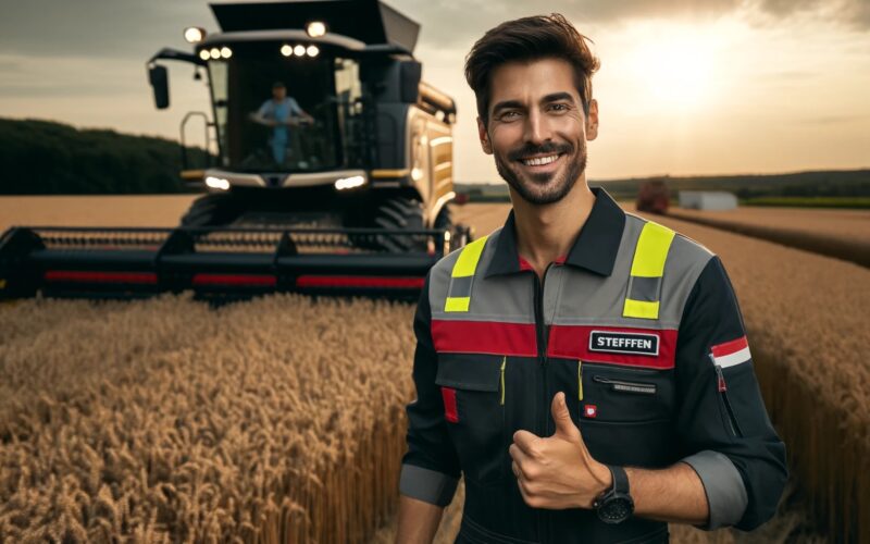 GRANIT PARTS beispielhafter Kunde Steffen. Ein Landwirt steht auf einem Feld und zeigt zufrieden den Daumen hoch, um die Qualität des Produkts zu bestätigen.