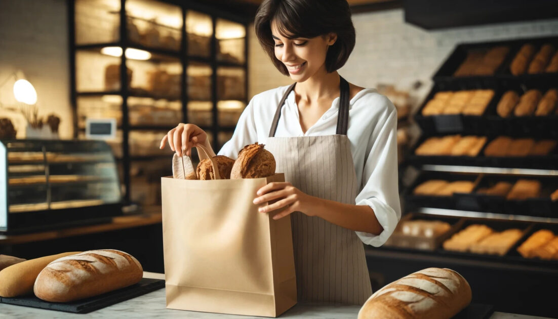 Verkäuferin einer Bäckerei packt eine Tüte mit Lebensmittelresten