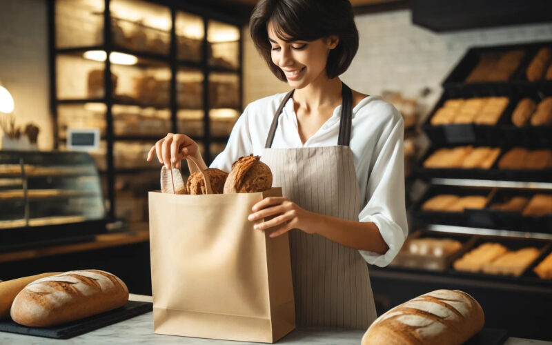 Verkäuferin einer Bäckerei packt eine Tüte mit Lebensmittelresten