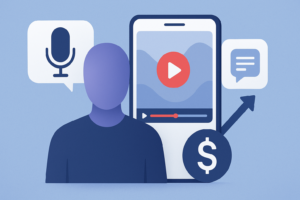 Person neben einem Handy mit einem Sprach und einem Geld Symbol