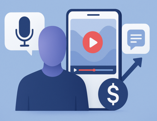 Person neben einem Handy mit einem Sprach und einem Geld Symbol