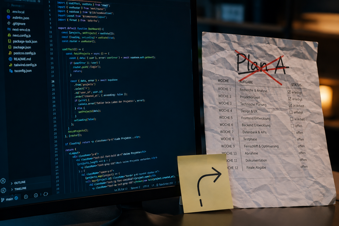 Zettel mit durchgestrichenem "Plan A" neben einem Laptop
