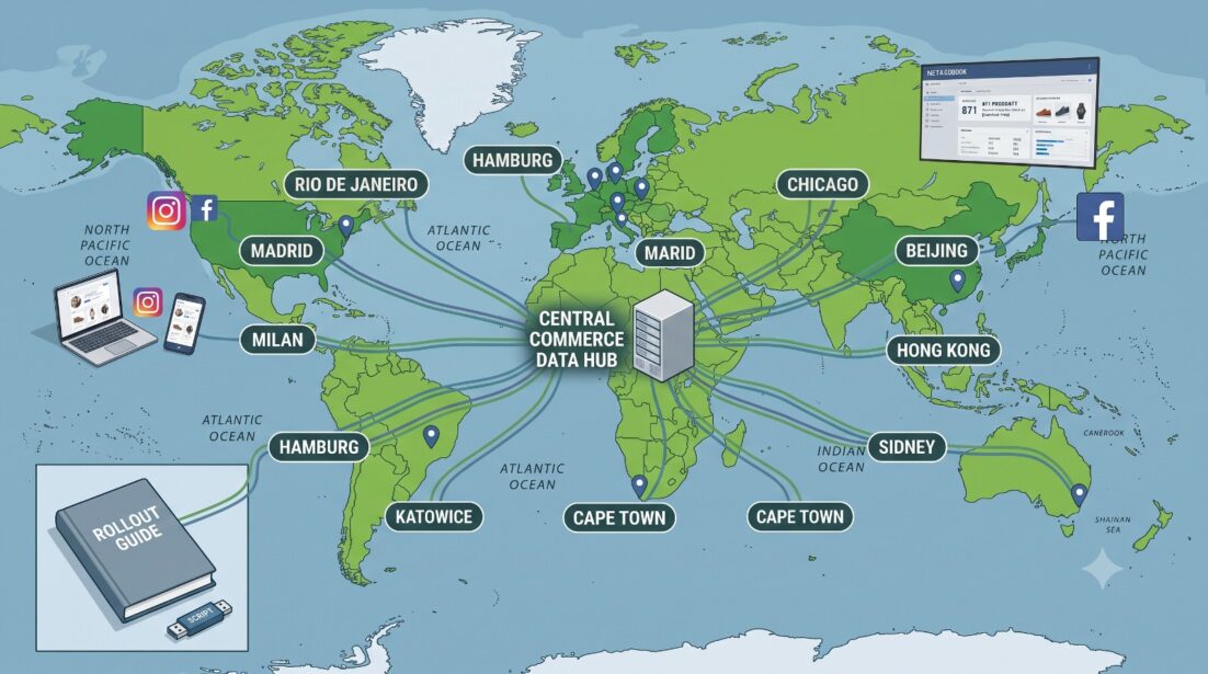 Illustration einer Weltkarte, die ein globales Netzwerk zeigt. Im Zentrum steht ein „CENTRAL COMMERCE DATA HUB“, das mit verschiedenen Städten weltweit verbunden ist. Umgeben wird die Karte von Symbolen für Social Media, Endgeräten, einem Dashboard und einem „ROLLOUT GUIDE“.