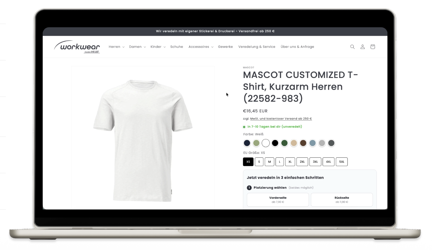 Selbst entwickelter Logo-Konfigurator im Workwear-Shop auf der Produktdetailseite
