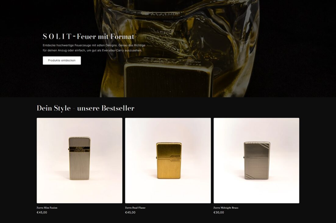 SOLIT Headless-Onlineshop für hochwertige Feuerzeuge